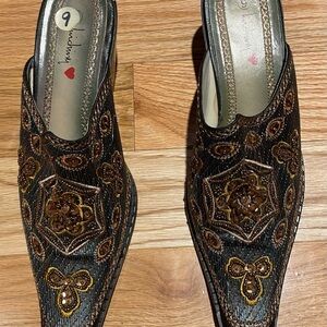 Embellished Brown and Gold Mules